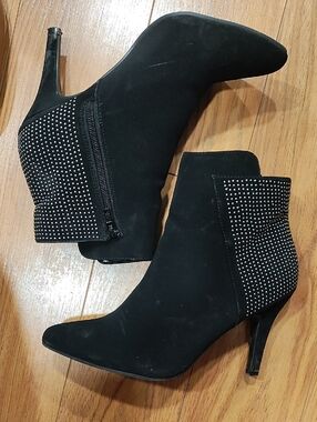 Black Studded Suede-Look Ankle Booties